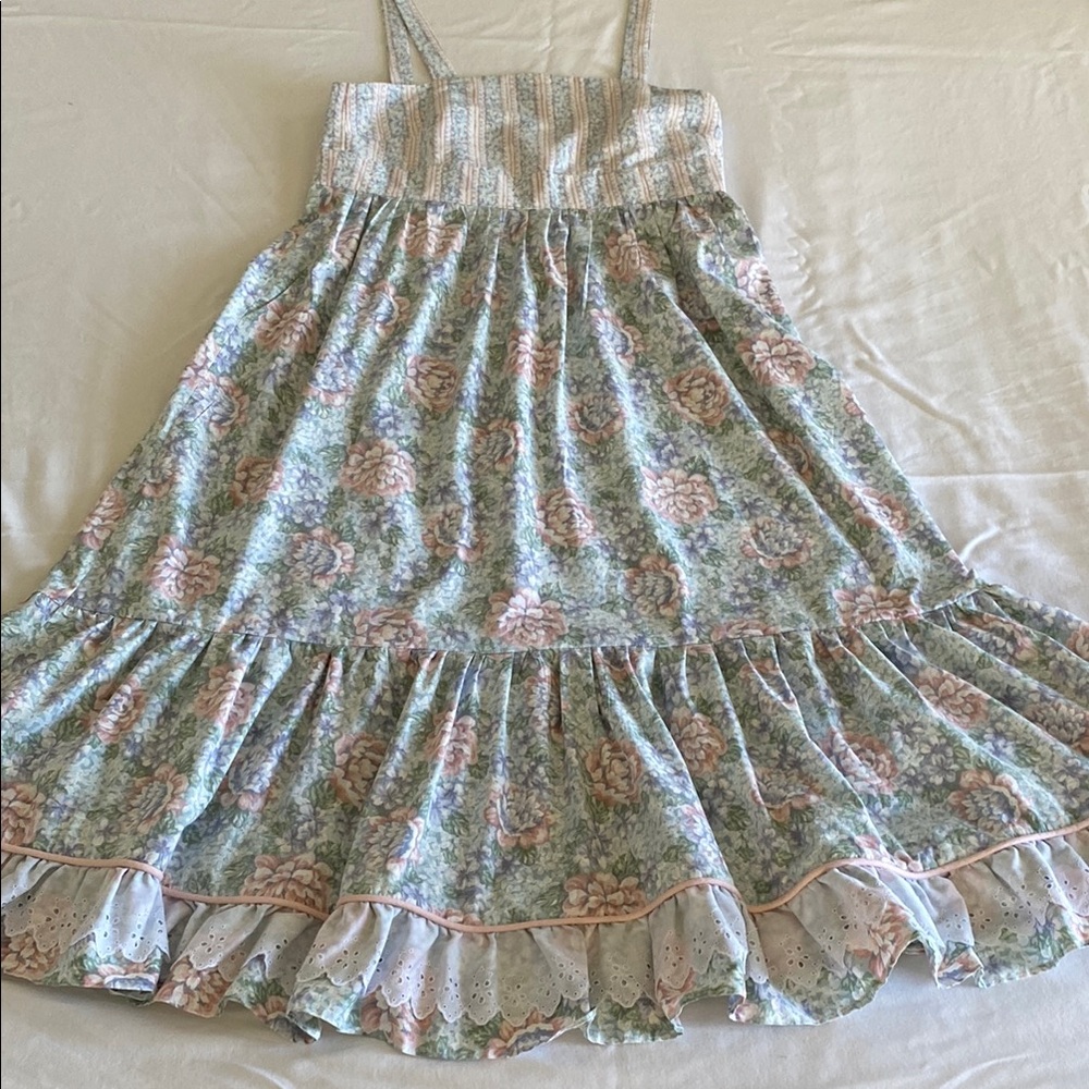 Handmade Pastel Mixed Pattern Sleeveless Floral Dress. Double Ruffle/Lace Hem.